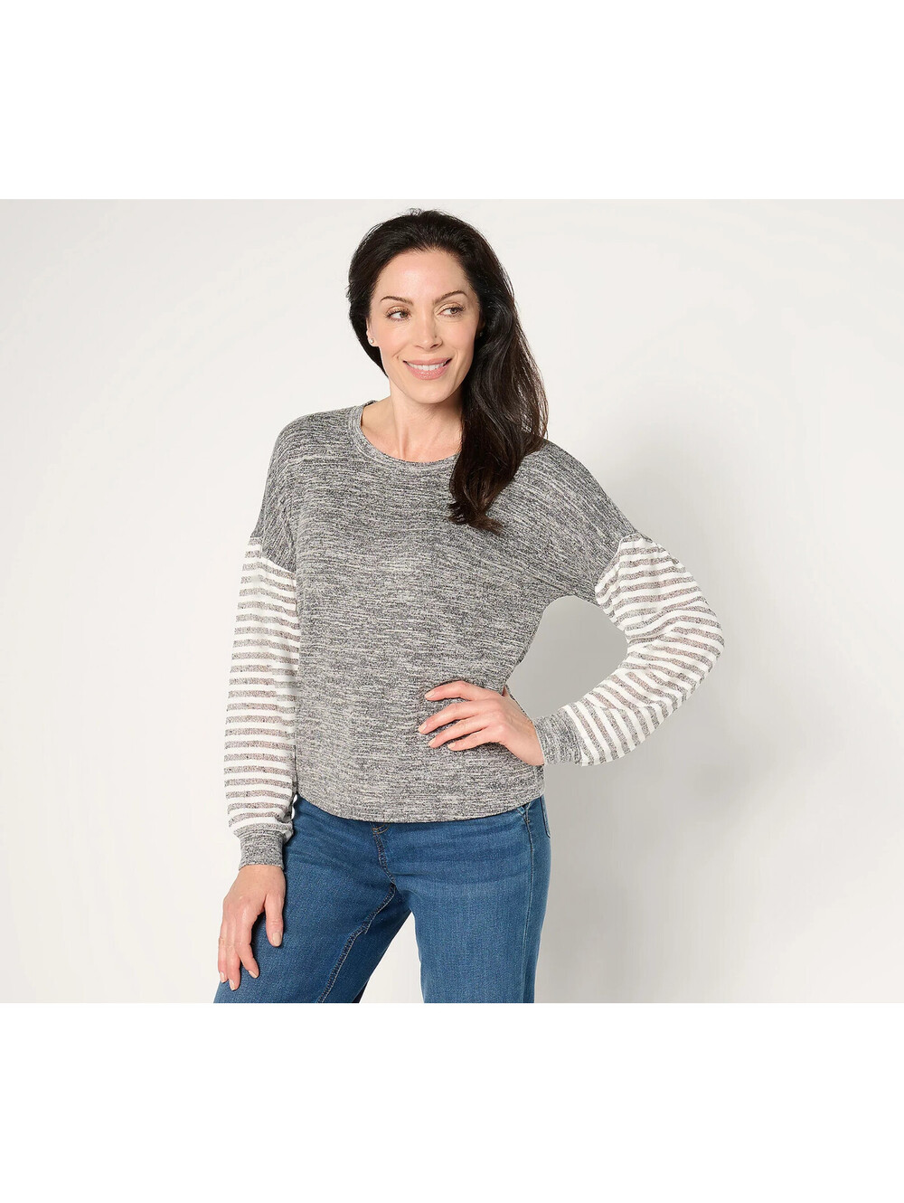 CE3270 Anybody Hacci Top with Lurex Striped Sleeve Puff Sleeve SIZE XL